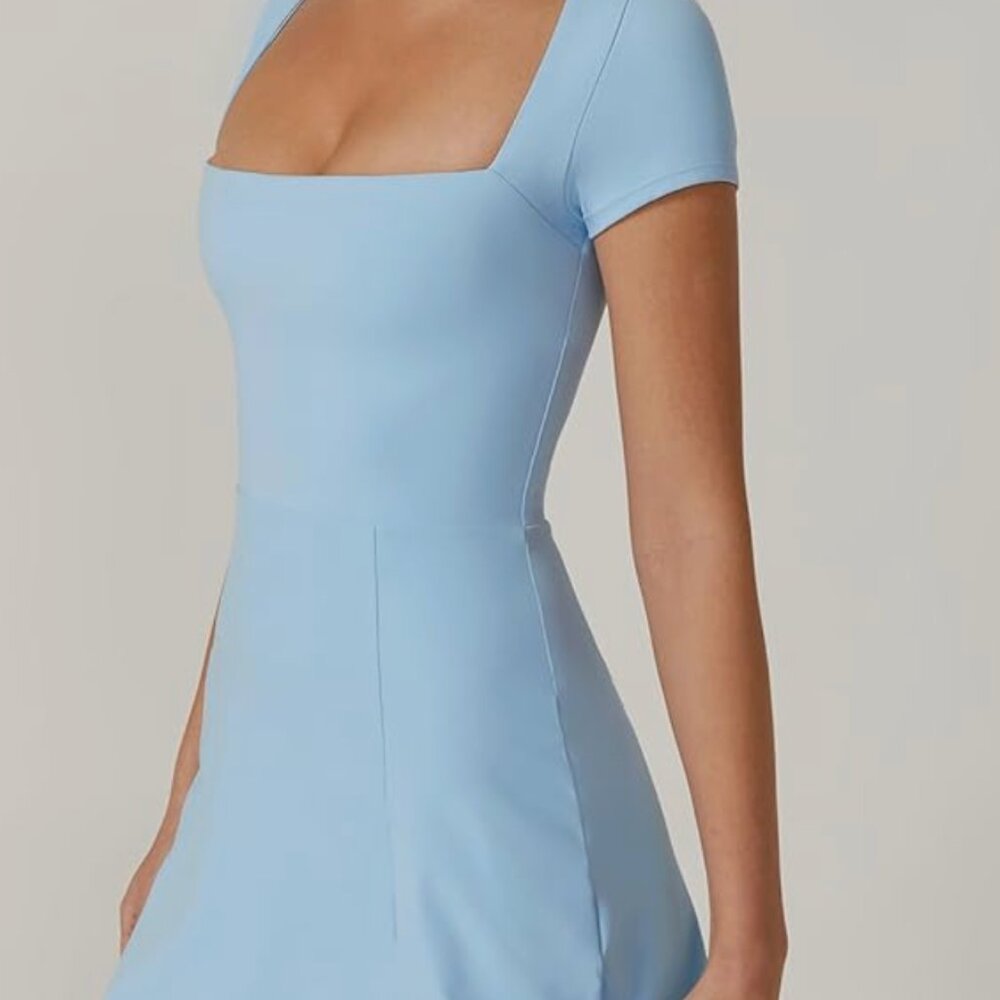 QINSEN Womens Square Neck Tennis Dress Short Sleeve Built in Shorts